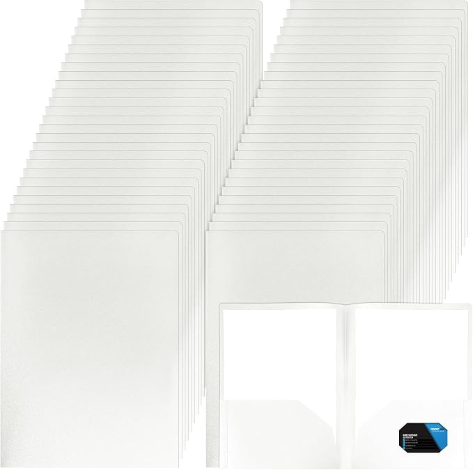 Patelai 50 Pack Plastic Folders with Pocket Bulk 2 Pocket Heavy Duty Letter Size Folders Business Card Holder for School Office File(White Color) by Patelai