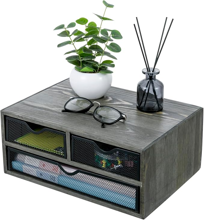 MyGift Vintage Weathered Gray Solid Wood Desktop Organizer Box with 3 Removable Black Metal Mesh Trays, Office Desk Supplies Storage Drawers for Accessories by MyGiftHome