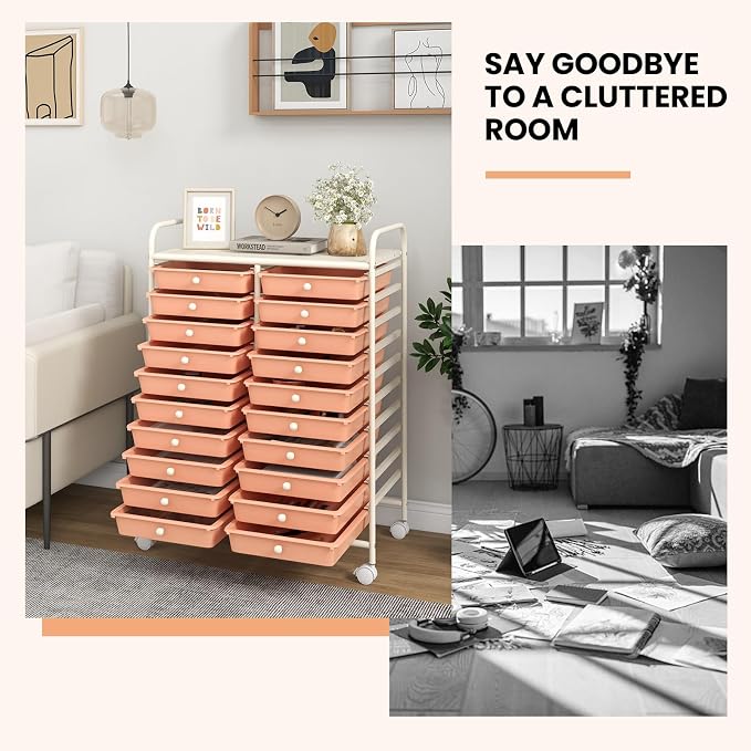 Giantex 20 Drawers Rolling Cart, Mobile Storage Drawer Cart, Classroom Organizer for Office School Supplies Tools Scrapbook Paper Craft Small Printer, Utility Stand on Wheels, Peach - Image 7