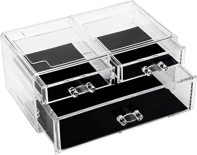 Sea Team Stackable Clear Acrylic Makeup Organizer with Drawers for Vanity | Cosmetic Display Case, Jewelry Storage Box with 1 Large and 2 Small Drawers, Ideal for Dresser, Bathroom, Countertop by SeaTeam