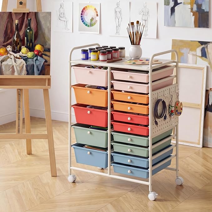 GOFLAME 15-Drawer Rolling Storage Cart with Pegboard, Craft Storage Cart with Lockable Wheels and Metal Frame, Art Cart Supply Storage Organizer for Home Office Classroom, Macaron Color - Image 2