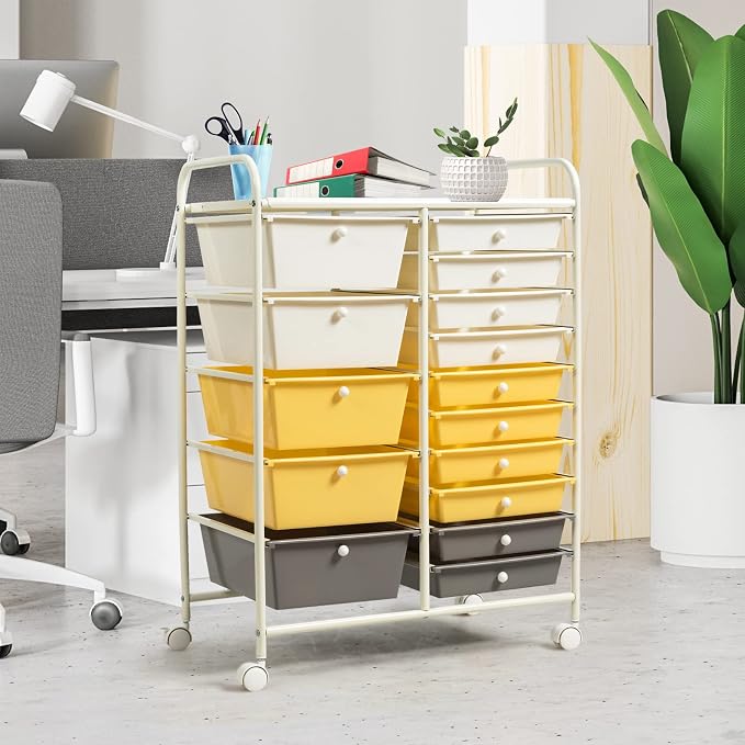 COSTWAY 15 Drawer Rolling Storage Cart, Mobile Storage Organizer | Removable Drawers & Metal Frame, Multipurpose Utility Tools Paper Organizer on Wheels for Home, Office (Yellow, Beige & Grey) - Image 8