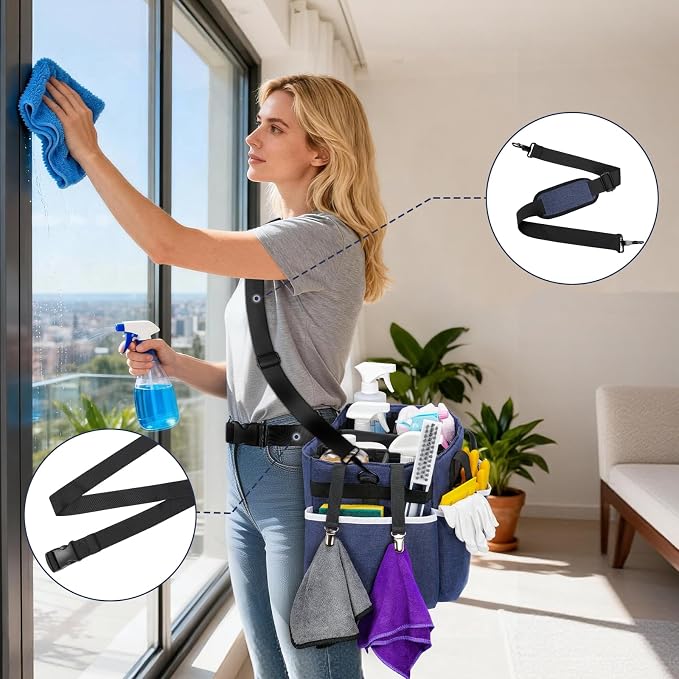 Ytonet Extra Large Cleaning Caddy Bag with Dividers, Foldable Cleaning Tote | Professional Housekeeping Tote for Cleaners, Wearable Cleaning Caddy Organizer with Shoulder Strap & Waist Strap, Blue - Image 3