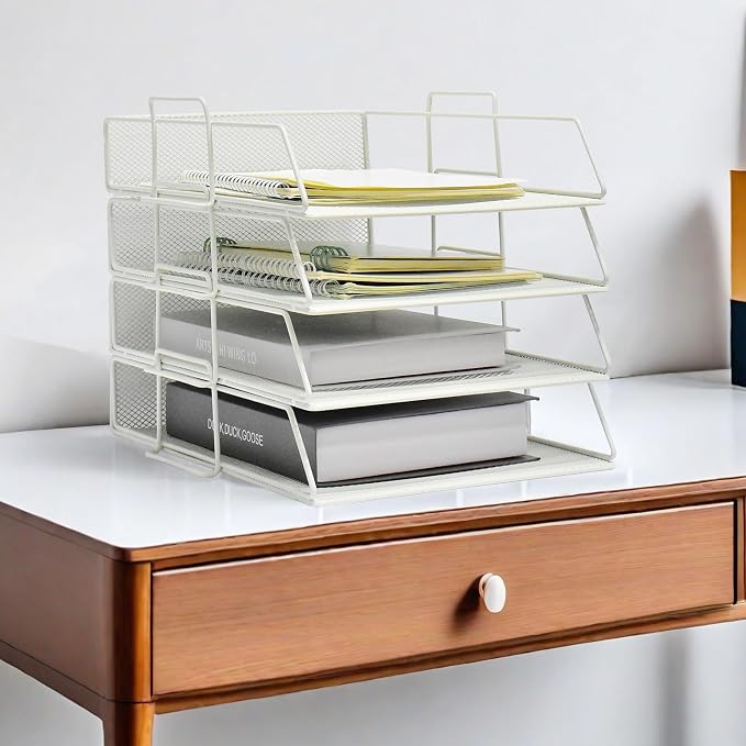 YFS A4 Mesh Letter File Folder Holder, Paper Organizer Letter Tray with Handle, 4 Tier Stackable Letter Tray, Document Organizer, Office Decor (A4,Vertical,White, 4 Tier) by wen-liz-US