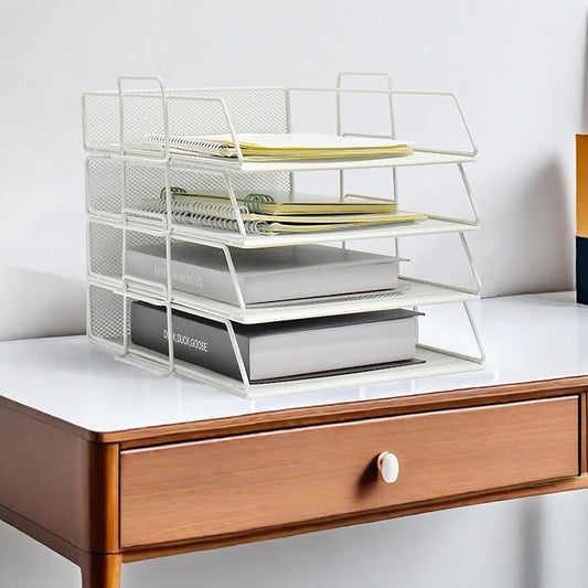 YFS A4 Mesh Letter File Folder Holder, Paper Organizer Letter Tray with Handle, 4 Tier Stackable Letter Tray, Document Organizer, Office Decor (A4,Vertical,White, 4 Tier) by wen-liz-US