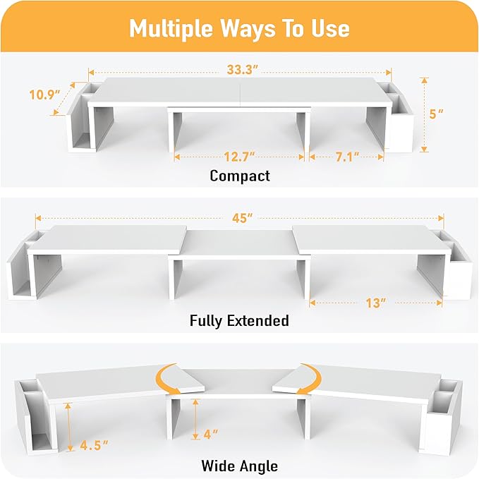 Simple Houseware Desk Dual Monitor Stand Riser with Drawer, White | Customizable Organizer Tray, Built-In Phone & Tablet Slot and Side Storage - Image 3