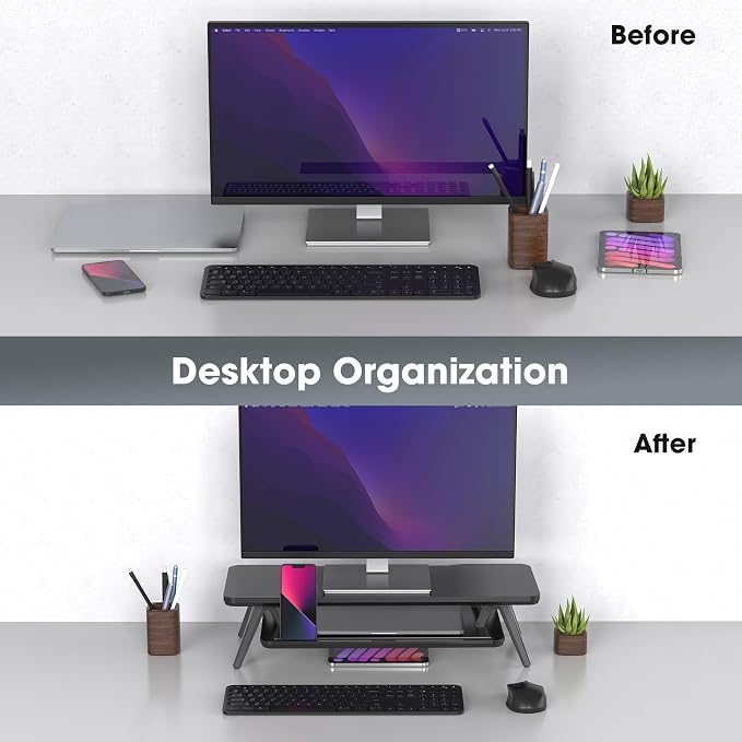 Fenge Monitor Stand Riser, Wooden Desk Shelf with 2-Tier Storage | 23.6-Inch Wide, Sturdy Aluminum Legs, Built-In Phone & Tablet Slot, Desktop Organizer for Office Accessories - Image 6