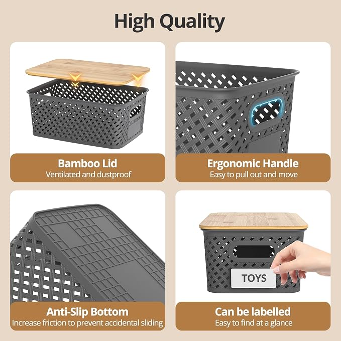 Plastic Storage Bins with Bamboo Lids, Stackable Small Box Baskets for Organizing and Containers for Shelves Drawers Desktop Closet Pantry Classroom Office Home, 6 Pack 10.2x7.2x4.1 Inch, Gray - Image 3
