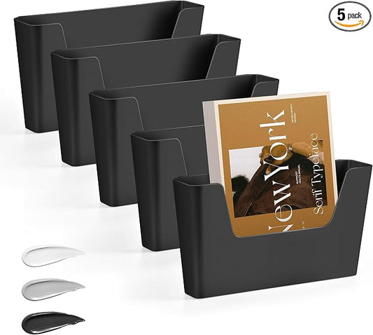 JOMOLA No Drilling File Holder 5 Pack Mail Organizer Wall Mount File Organizer Holder Office Wall Hanging Files Magazines Organizer Plastic Door Mount Wall Pocket with Adhesive Pad, Black Color by JOMOLA