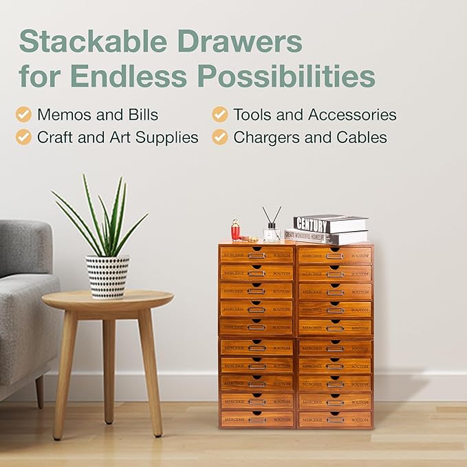 Fully Assembled Modular Stackable 20-Drawer Set of 4 Retro Wood Countertop Organizer Drawers - Mini Filing Cabinets for Desktop - Apothecary Card Catalog Library Storage Drawers w/ Label Holders - Image 5