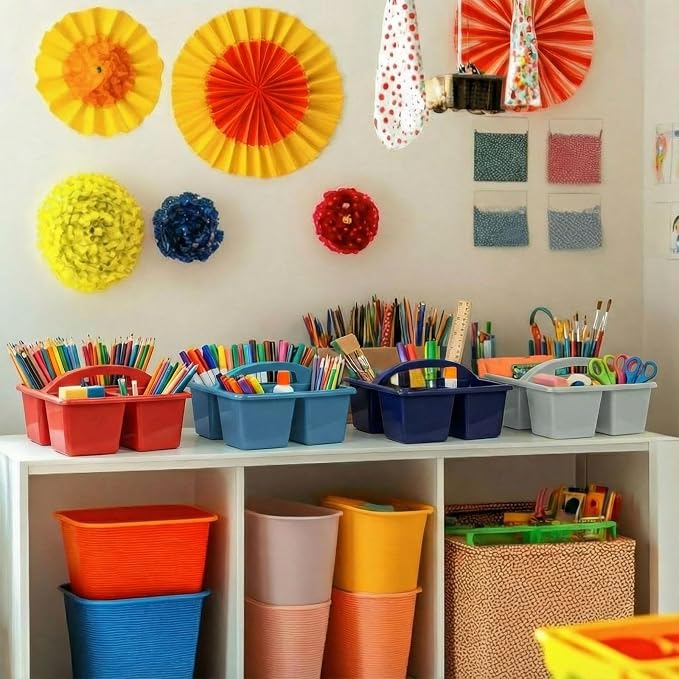 Kathfly 12 Pack Classroom Caddy Organizer with Handle, Plastic Art Craft Cleaning Caddy Bulk, Small Multipurpose Supply Organization Storage Basket for Table Desk Office Pencil Teacher (Blue Orange) - Image 2