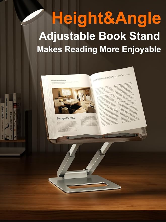 Tounee Book Stand for Reading, Telescopic Book Holder, Adjustable Height Pull Out Design Ergonomic Cookbook Stand with Elastic Page Clips Fits All Books - Image 4