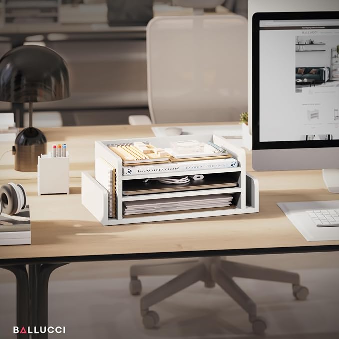 Ballucci 3-Tier Desk Organizer with 2 Side Mail Sorter Slots, Wood Letter Tray, Open Top Paper Organizer, Desktop File Organizer, White - Image 4