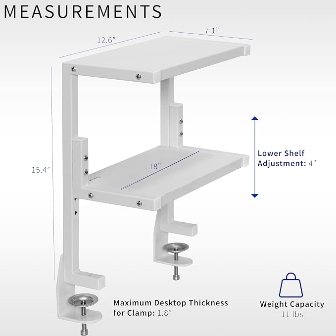 VIVO White Clamp-on 13 inch 2-Tier Desk Shelf, STAND-SHELF2CW | Above or Below Desk, 2 Level Shelving Unit for Table Accessories, Gaming Devices, and More, Storage Tray, Desktop Organizer - Image 3