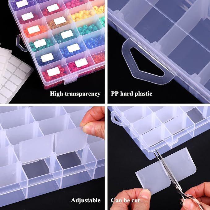 Bead Organizer Storage 4 Pack 36 Grid Jewelry Tackle Craft Box Adjustable | Clear Plastic, Adjustable Dividers, Label Stickers Included, for Beads Jewelry Crafts Fishing Tackle and Small Parts - Image 3