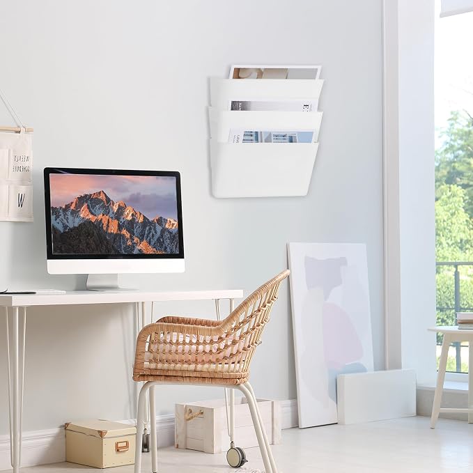 3 Pack White Plastic Single Pocket Hanging File Organizer, Wall Mount Paper Mails Magazines Holder, Mounted Folder Bins for Office School and Home, 12.99x4.13x7.48 inches - Image 5
