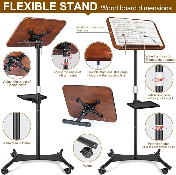 2 in 1 Dual-use Music Stand & Desktop Book Stand, Adjustable Height 16.5"-51", 100% Solid Wood Laptop Floor Stand Book Holder with Elastic Page Clips for Cookbooks (Black Walnut with Tray and Wheels) - Image 5