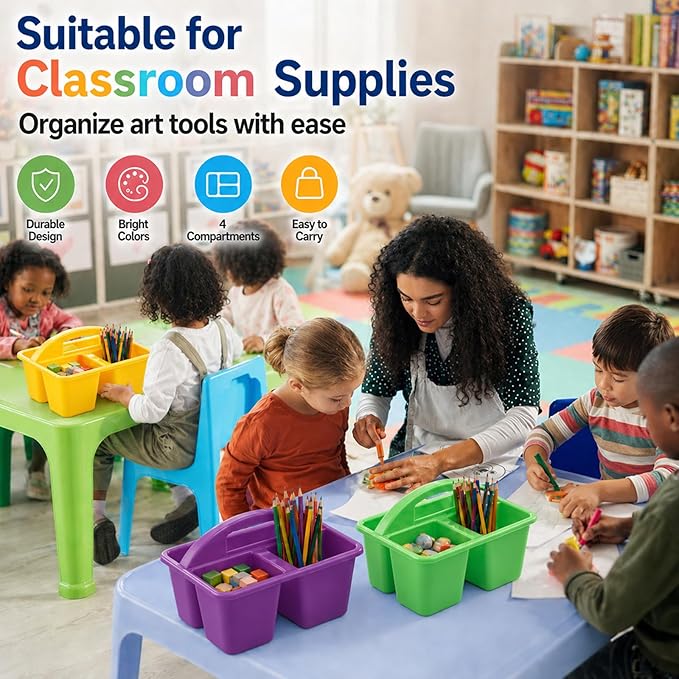 gisgfim 6 Pack Plastic Classroom Caddy with 4-Compartments Plastic Storage Caddies with Handle 4 Compartments Table Caddy Organizer Versatile Table Caddies for Classroom Office, Rainbow Color - Image 5