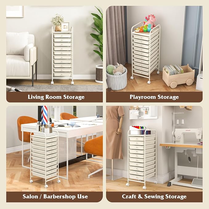 Storage Cart, Rolling Utility Cart with 10 Drawers, Portable Handles & Lockable Wheels, Mobile Paper Toys Storage Organizer Large Capacity for Home Office School Teacher (White) - Image 6