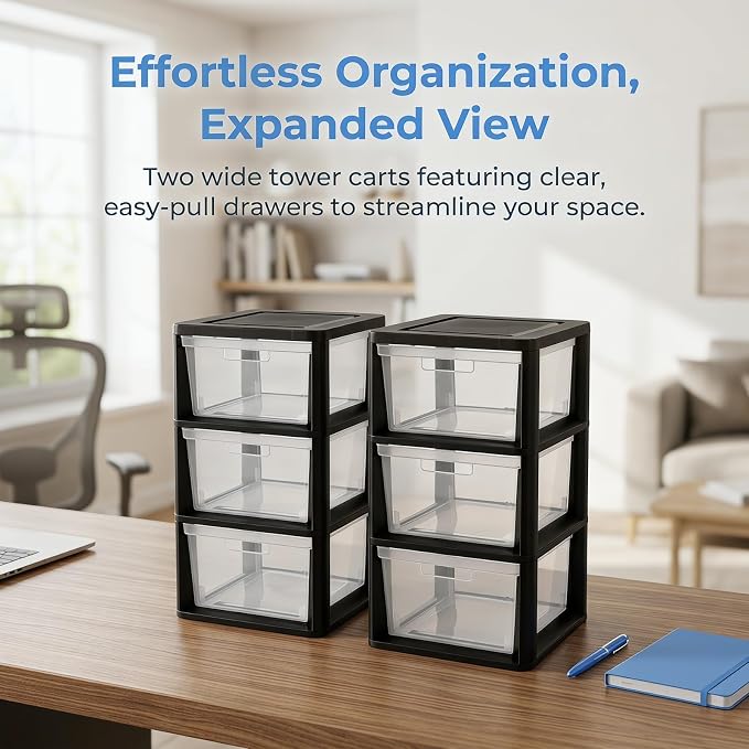 2 Pcs Plastic Drawer Wide Tower Plastic Storage Cart with Clear Pull Out Drawers, Black (Black, 3 Drawer Wide Tower) - Image 5