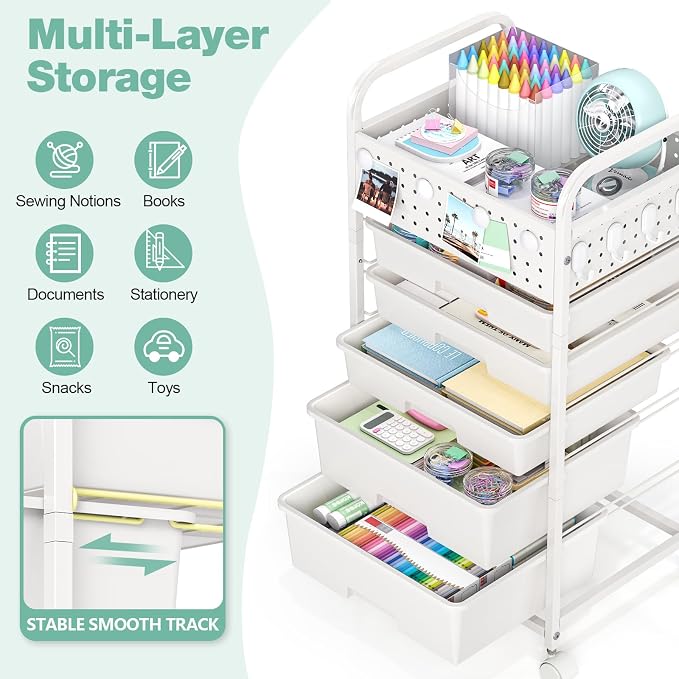 5 Drawer Rolling Storage Cart with Pegboard Top and Hooks, White | Mobile Utility Organizer with Wheels for Office Supplies, Craft Storage, Classroom Organization, Home Storage Cart - Image 3