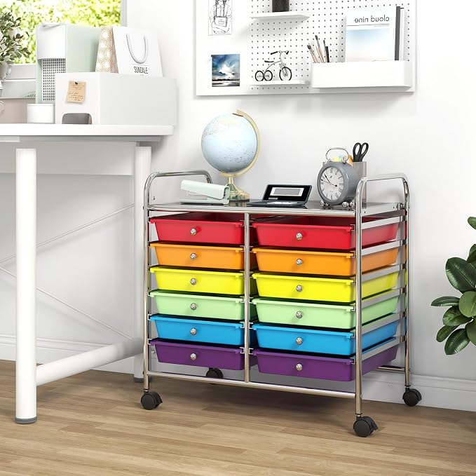 GOFLAME 12-Drawer Rolling Storage Cart, Multifunctional Art Craft Organizer Cart, Mobile Utility Storage Cart with Removable Drawers & Lockable Wheels, Craft Cart for Home Office School, Multicolored - Image 4