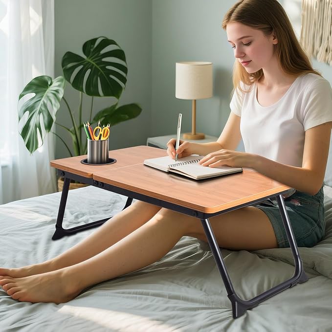Adjustable Laptop Bed Table with Book Stand, Portable Reading Desk with Side Panel, Wood Grain - Image 4