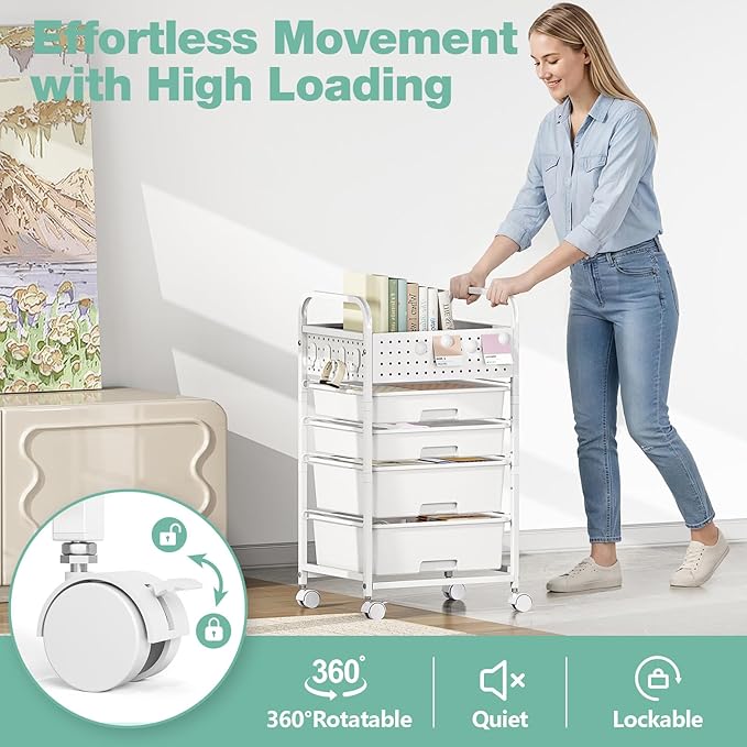 5 Drawer Rolling Storage Cart with Pegboard Top and Hooks, White | Mobile Utility Organizer with Wheels for Office Supplies, Craft Storage, Classroom Organization, Home Storage Cart - Image 5