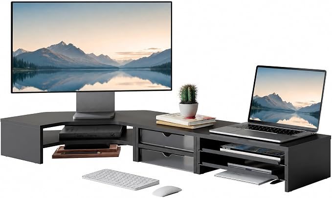 Fenge Dual Monitor Stand, Corner Desk Shelf with Drawer & Slide-Out Tray | Modular Design for Flexible Layouts, 2-Tier Storage Desktop Organizer for Computer, Laptop, Printer and Telephone by Fenge
