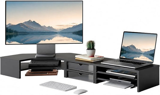 Fenge Dual Monitor Stand, Corner Desk Shelf with Drawer & Slide-Out Tray | Modular Design for Flexible Layouts, 2-Tier Storage Desktop Organizer for Computer, Laptop, Printer and Telephone by Fenge