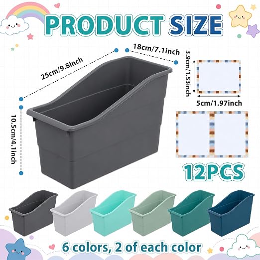 gisgfim 12 Pack Large Book Bins with Labels (Modern) | Durable Plastic,Stackable Magazine Organizer,Storage Bins for Classroom,Library,Office,Bookshelf Categorization - Image 2