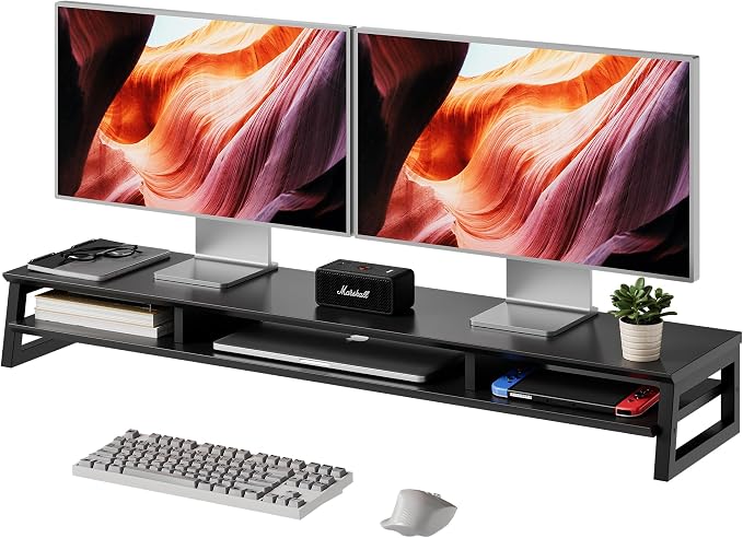 Dual Monitor Stand Riser for Desk, 41.7 Inch Large 2 Tier Computer Monitor Stand for 2 Monitors, Desktop Storage Organizer Shelf with Keyboard Space for Laptop PC Printer, Black by Unknown