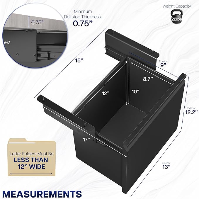 VIVO Black Under Desk Filing Cabinet, MOUNT-FCD1S-B | Metal Office Storage Drawer, Holds 22 lbs, for 8.5 x 11 inch Letter-Size Folders - Image 2