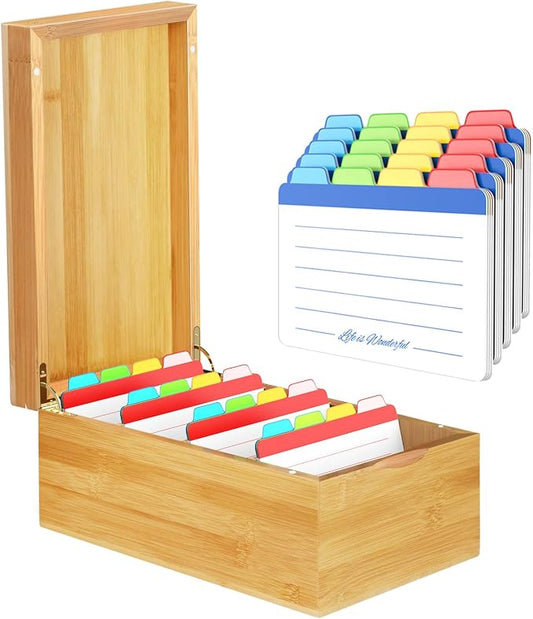 Neando Bamboo Recipe Card Organizer for 4x6 Cards – Wooden Index Card Storage Box with Lid, 4 Compartments, 600-Card Capacity, Includes 20 Tabbed Guides – Natural Kitchen Filing System by Neando