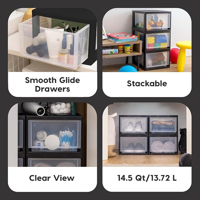 IRIS USA 3-Pack, 14.5 Qt. Stacking Drawer Storage Organizer, Black | Store shoes, clothing, accessories, and household essentials around your home with organized storage for everyday needs - Image 4