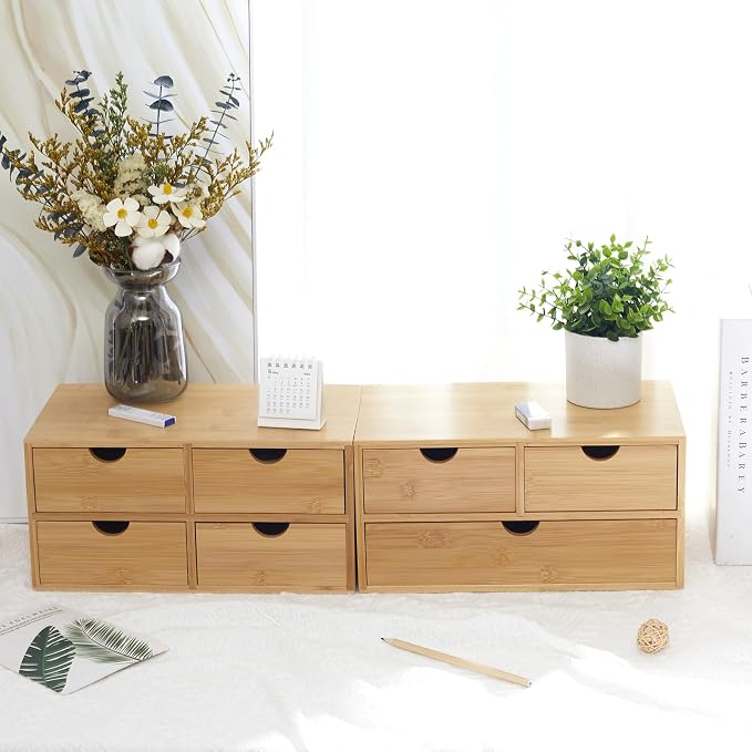 Bamboo Desk Organizer 4 Drawers, Countertop Organizer with Drawers Makeup Storage Drawer 4 Drawers Tabletop Storage Organization Box Home Office Workspace - Image 5