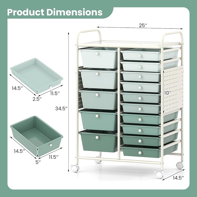GOFLAME 15-Drawer Rolling Storage Cart with Pegboard, Craft Storage Cart with Lockable Wheels and Metal Frame, Art Cart Supply Storage Organizer for Home Office Classroom, Green Gradient - Image 3