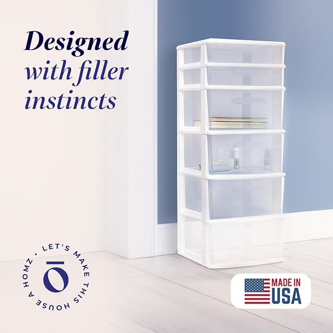 HOMZ Drawer Tower, 6-Tier Storage Cart with Removable Wheels, White Frame | Plastic Organizer with Clear Bin Drawers for Bedroom, Bathroom, Home Office, and Dorm Rooms - Image 4