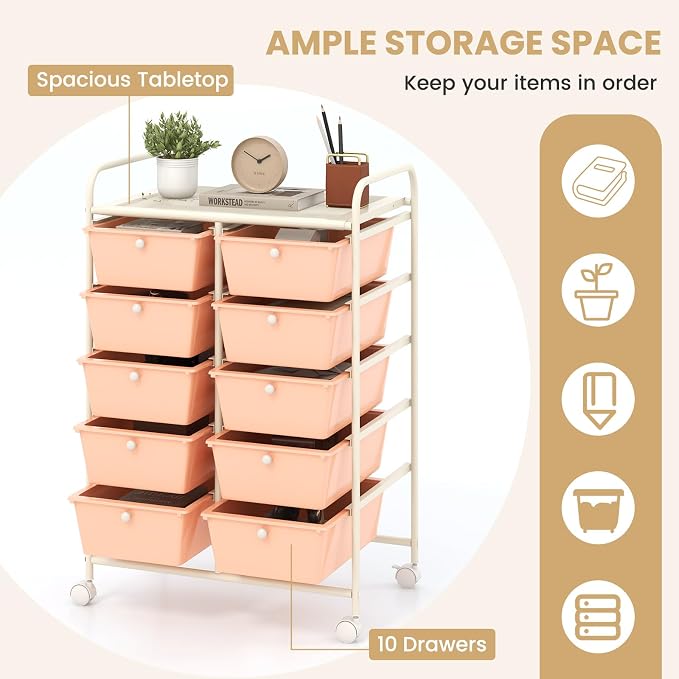 Moccha Rolling Cart with 10 Drawers - Under Desk Storage Drawers with wheels for Craft Art Supply Paper Salon, Under Desk Cabinet on Wheels, Multipurpose Movable Utility Cart for Classroom - Image 4