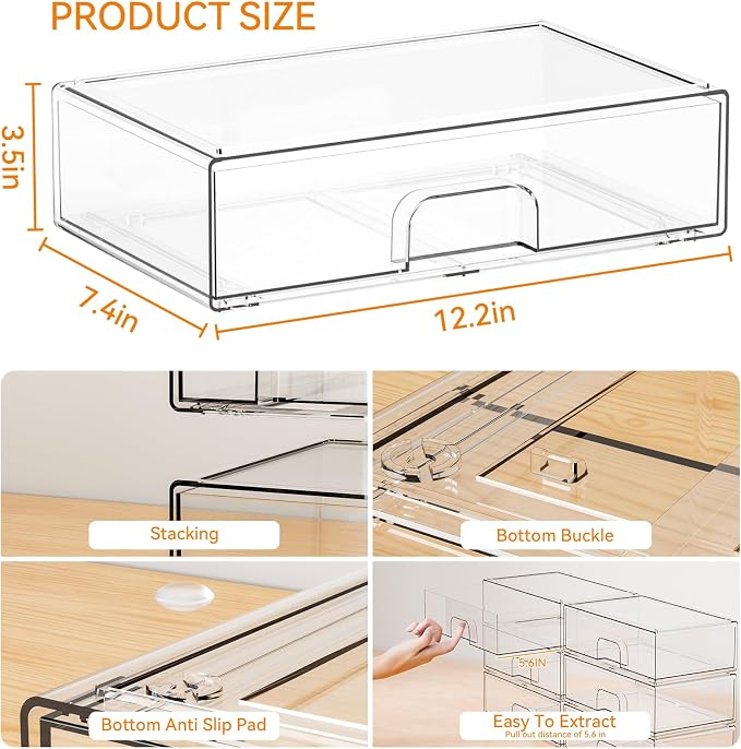 12.2''W Clear Stackable Storage Drawers,4 Pack Acrylic Drawers,Bathroom Organizer Bin and Plastic Makeup Organizer,Clear Stacking Brightroom Storage Boxes for Vanity,Cabinet,Pantry Organization - Image 3