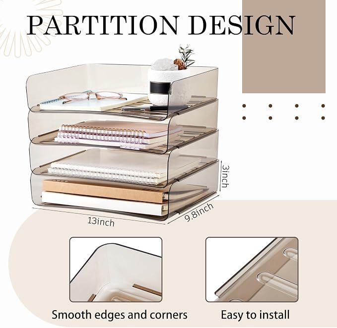 Harloon 4 Tier Clear Gray Acrylic Paper Organizer Letter Tray, Aesthetic Stackable Desk File Organizer Holder Office Tray for A4, Modern Home Office File Pad Books Notes, 13 x 9.8 x 3 Inches - Image 2