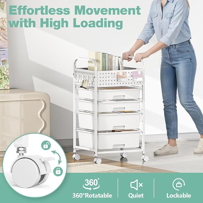 SYKIARIOL 4 Drawer Rolling Storage Cart with Pegboard Top and Hooks, White | Mobile Organizer Cart with Wheels for Office Supplies, Craft Storage, Classroom Organization, Home Utility Cart - Image 5