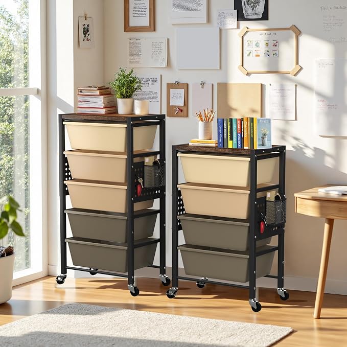 Rolling Cart with 3 Drawers, Plastic Drawer Storage Carts with Lockable Wheels & Wooden Tabletop, Metal Utility Cart Organizer, Office Bedroom Classroom Craft Organization and Storage, Dark Brown - Image 7