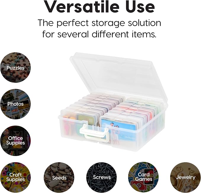 IRIS USA Photo Storage Box |Made in USA| 16 Cases - Clear | Fits 4" x 6" Pictures / Built-In Handle / Organizing Containers for Tasks, Stickers, Ephemera & Flashcards - Image 5