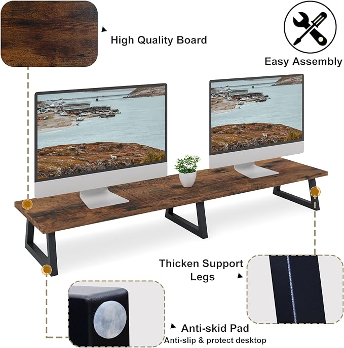 TEAMIX 42 inch Large Dual Monitor Stand Riser,TV Riser,Desk Shelf Organizer | Extra Long Computer Stand, Wood & Steel, Holds 300lbs, Keyboard/PS5/Soundbar Storage Underneath, For Home Office & Gaming - Image 4