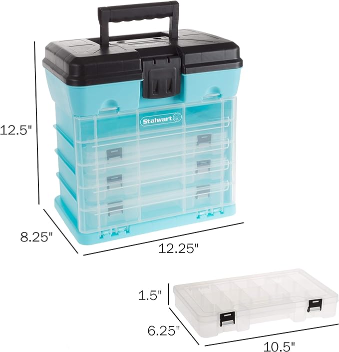 Small Parts Organizer Box - 10-Inch Portable Storage Case with 4 Removable Multi-Compartment Trays for Screws, Beads, Small Fishing Tackle, Hardware, and Craft Supplies by Stalwart (Light Blue) - Image 2