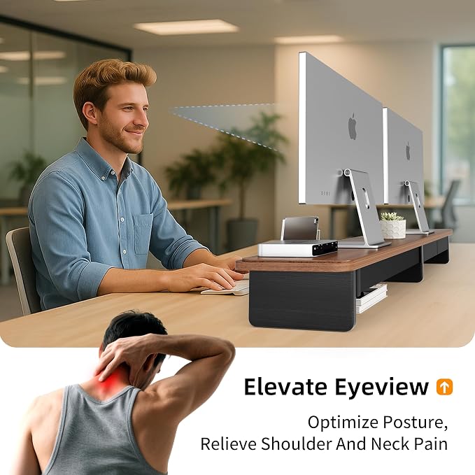 AFOOYO Large Dual Monitor Stand For Desk,43 Inch Desktop Computer Riser with Metal Drawer Desk Shelf Organizer For Computer/Laptop/PC/Printer/TV - Image 5
