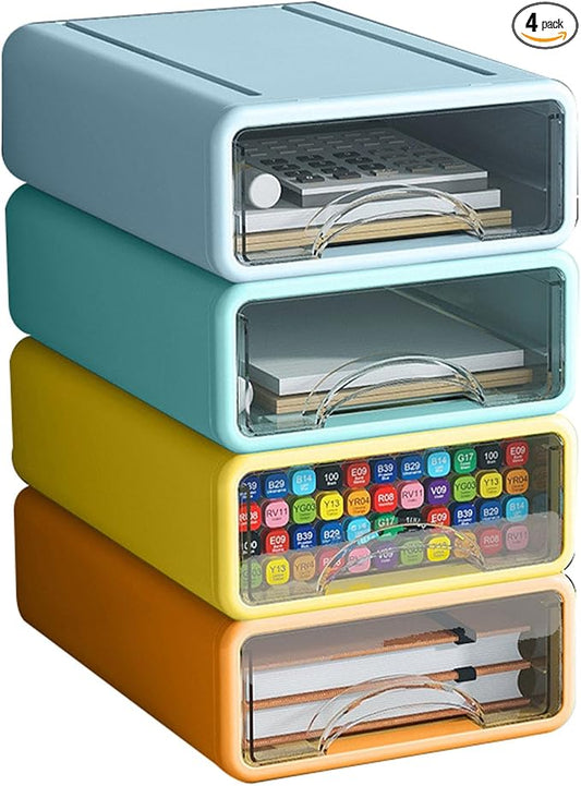 Desk Organizer with Drawers, Stackable Storage Drawers with Compartments Desktop Organization for Office Supplies, Makeup, Pencils, Tape, Erasers, Paperclips, Chargers (4 Pack) by ZZFENGKR