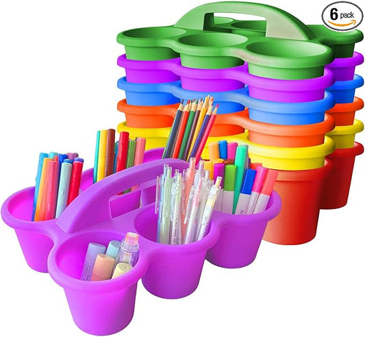 6 Pack Classroom Caddy Organizer with Handle Multicolor Plastic Table Caddy 6 Compartments Storage Cup Holder for School Supplies Art Crafts Crayons Pencils Stackable Desk Caddy for Office by JEChrochen