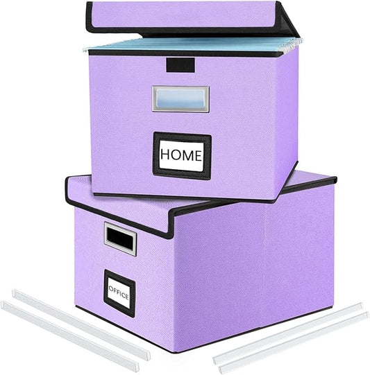 File Organizer Box with Lids, Collapsible File Folder Organizer | File Box with Plastic Slides for Document, Filing Bin for Letter Size Hanging File Folders (2 Pack, Dark Lavender) by Huolewa
